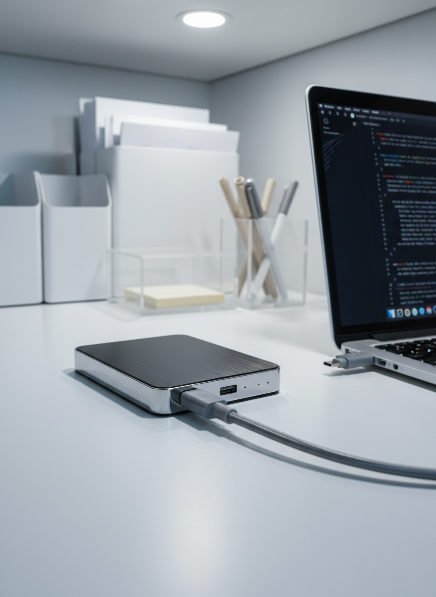 A close-up of a meticulously organized black and chrome external hard drive, connected by a braided gray cable to a slim silver laptop resting on a crisp white desk. The background reveals neatly aligned stationery holders and a translucent desk organizer containing neutral-colored pens and sticky notes, slightly out of focus. Soft, cool artificial lighting from an overhead fixture gently illuminates the scene, bringing out subtle metallic reflections and smooth textures. The composition is structured for asymmetrical balance, captured at a low angle to highlight precision and structure. The mood is efficient and professional, with a clean photographic realism that communicates technical reliability—ideal for computer skills education.