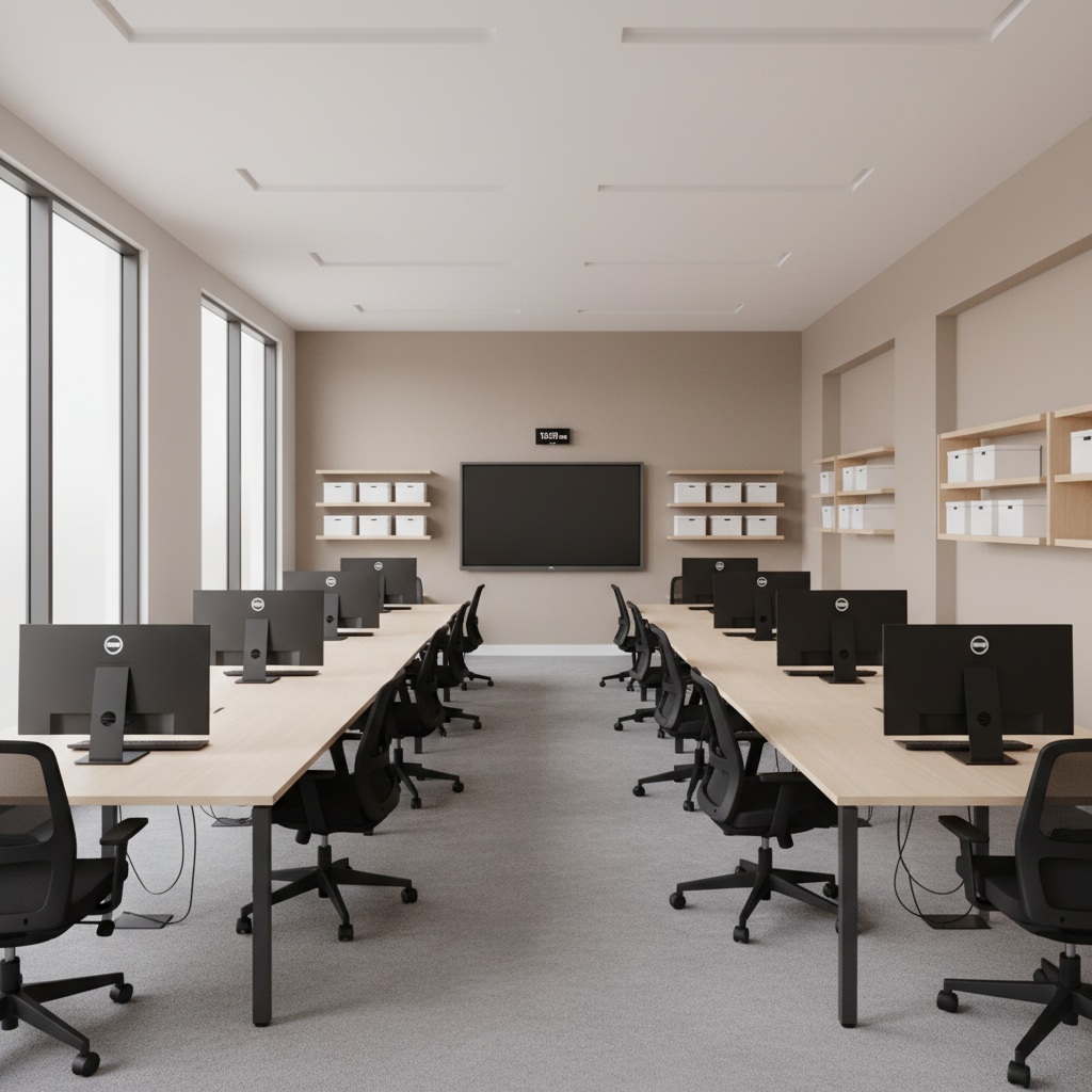 A spacious training room with rows of modern, matte-finish computer workstations arranged on long, pale wood desks. The walls are smooth and painted in a soft, neutral beige, with discrete mounted shelves displaying monochrome storage boxes and a small digital wall clock. The environment is bathed in diffused daylight from large frosted windows, producing even, shadow-free lighting that enhances the clarity and openness of the room. The photograph is taken from a wide-angle perspective, centered for balance and structure. The overall atmosphere suggests quiet focus and professionalism, with a clean, corporate image style ideally suited for a contemporary computer training facility.
