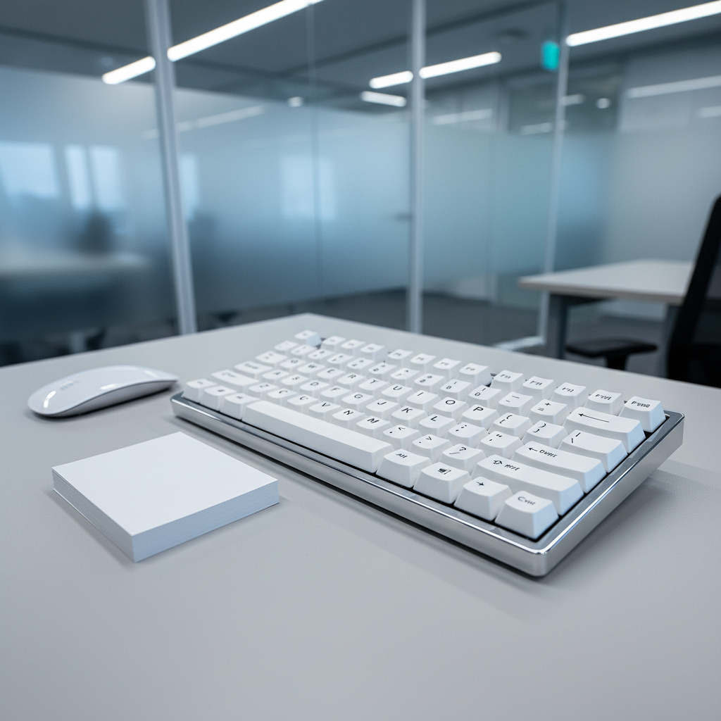 A detailed close-up of a high-quality keyboard with white keycaps, each key engraved with clear black lettering, sitting atop a smooth light gray desk surface. To the left, a slim wireless mouse with a satin finish rests beside a stack of crisp, unmarked notecards. The background features blurred, frosted-glass partitions, suggesting a quietly studious environment. Cool, soft lighting from above creates gentle highlights on the keyboard's edges and subtle shadows between the keys, generating a sense of depth and sophistication. Captured from a slightly elevated angle with a shallow depth of field—for a clean, focused look. The mood is calm, efficient, and precise, with a minimalist, corporate approach that aligns perfectly with a professional development training centre.